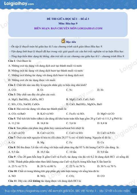 Đề số 8 - Đề kiểm tra giữa học kì I - Hóa học 9 có đáp án và lời giải chi tiết